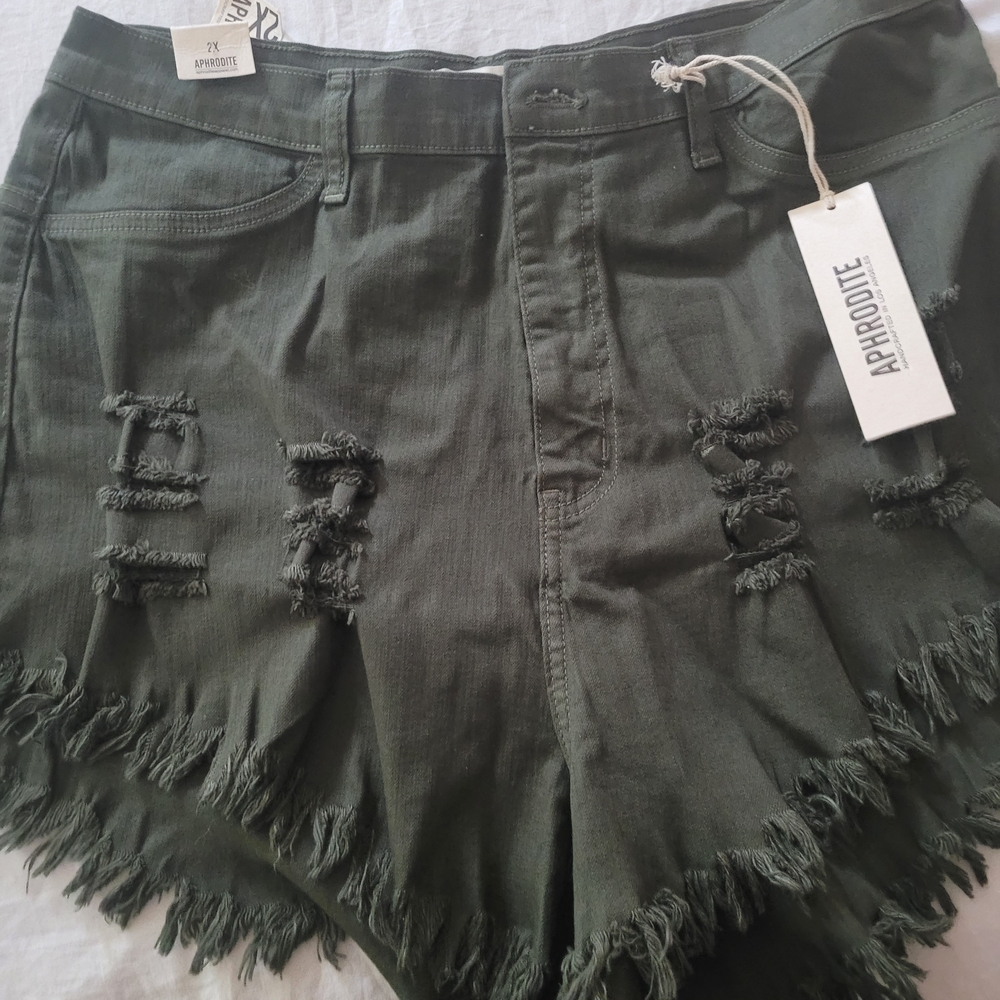 Aphrodite Olive Frayed Distressed Denim Shorts